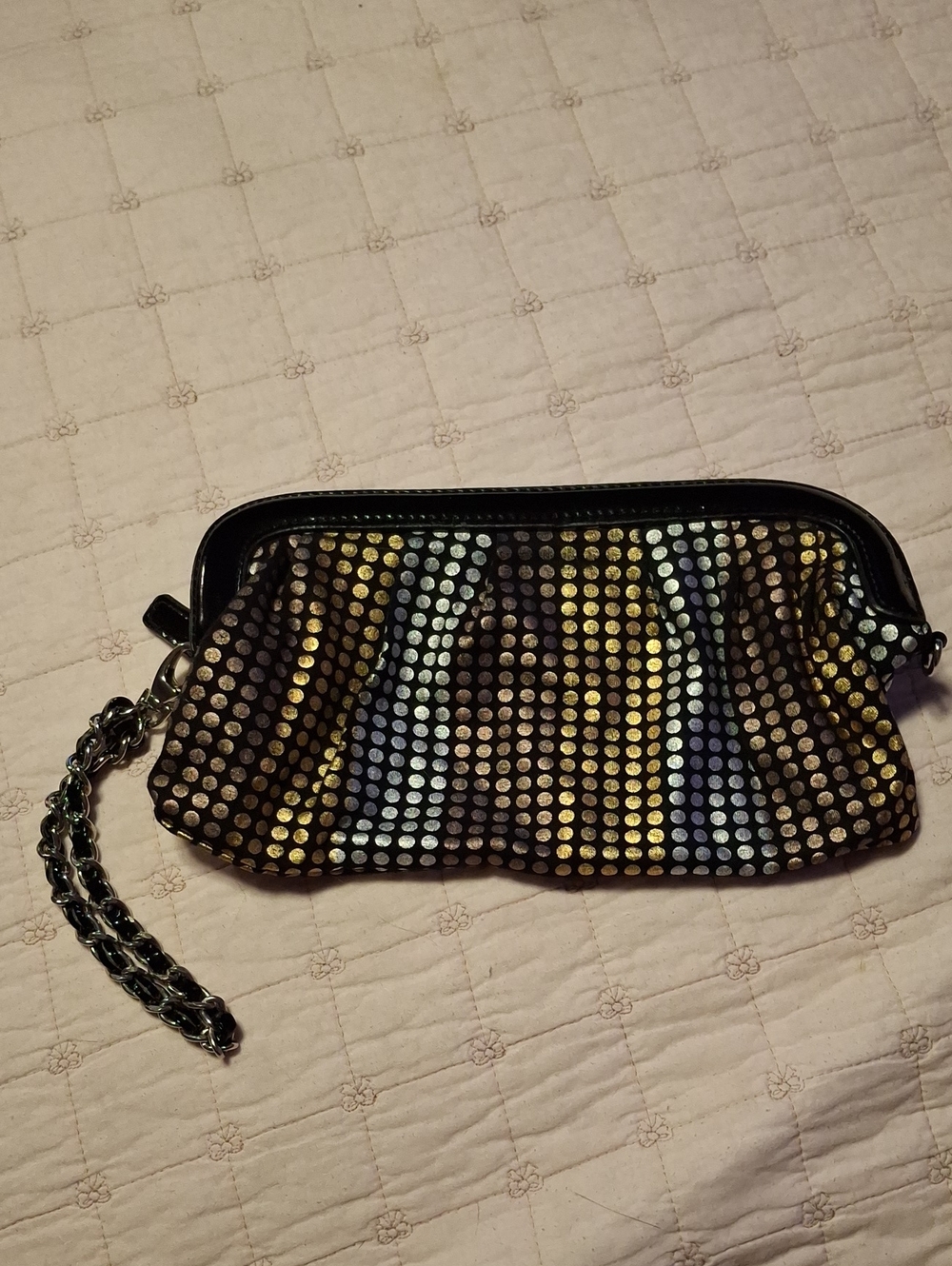 Express Black Metallic Wristlet Clutch with Iridescent Dots